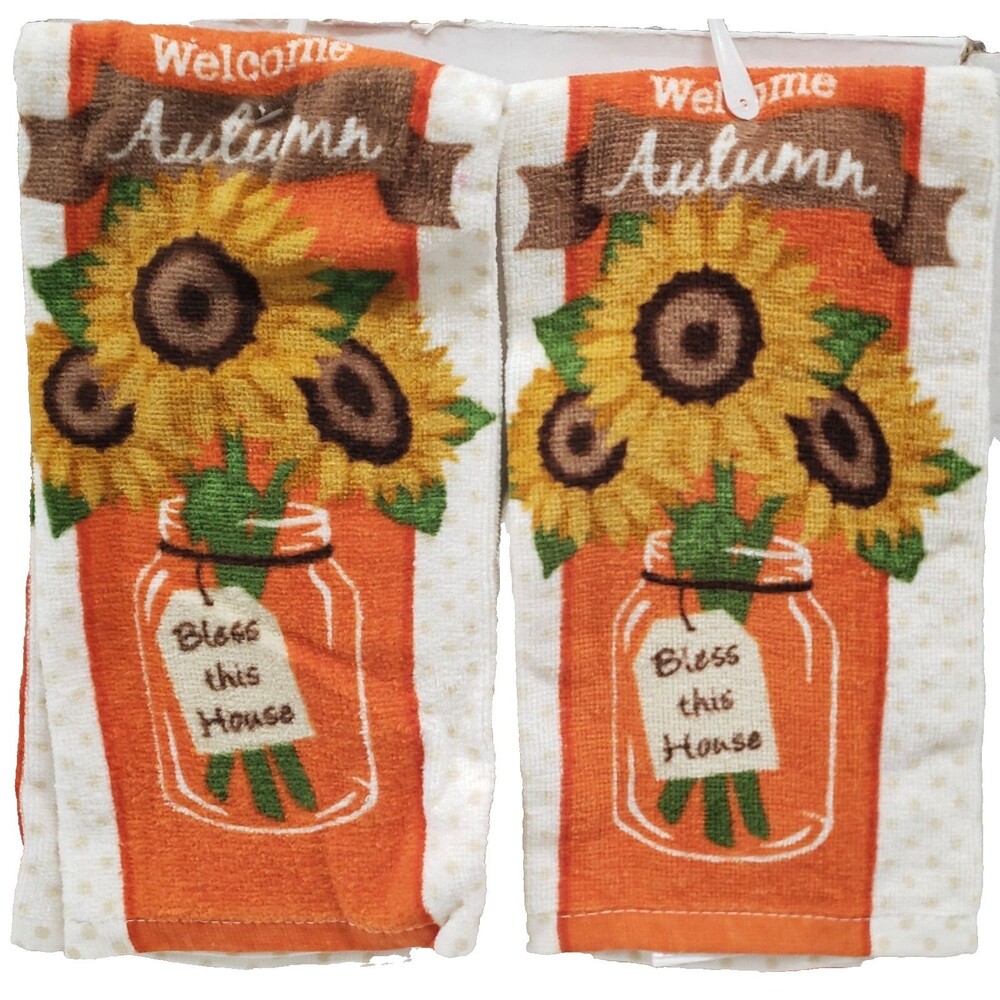 2 Same Kitchen Terry Towels (15"x25") SUNFLOWERS, WELCOME AUTUMN,BLESS THIS HOME